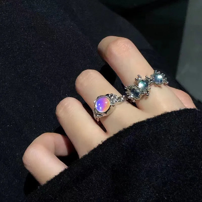 Y2K Kpop Crystal Ring for Women Heart Adjustable Irregular Punk Open Rings Vintage Geometric 2023 Trendy Creative Finger Jewelry