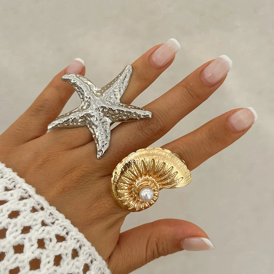 STARFISH & CONCH RING - SILVER/GOLD